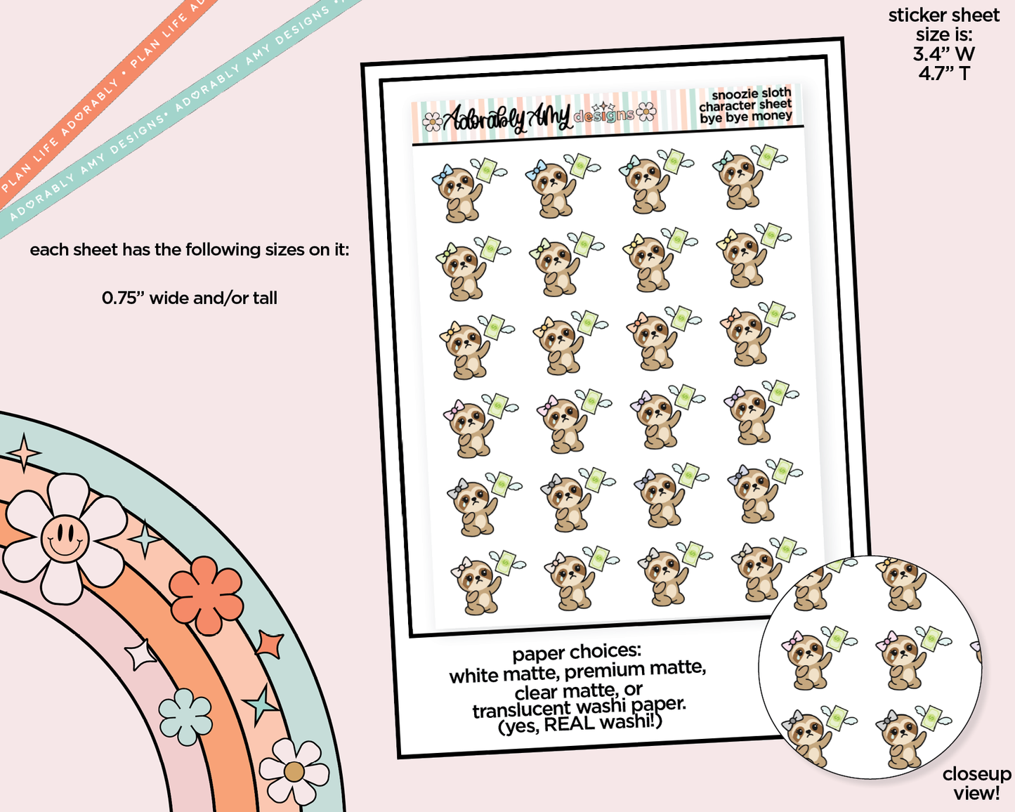 Snoozie Sloth Bye Bye Money Decoration Planner Stickers