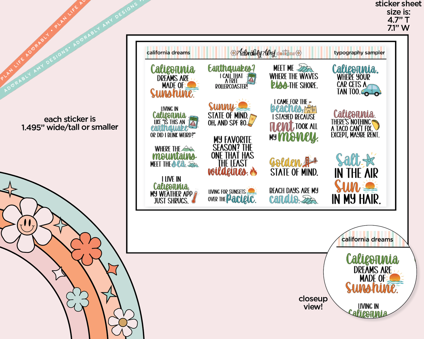 California Dreams are Made of Sunshine Deco Typography Sampler Planner Stickers