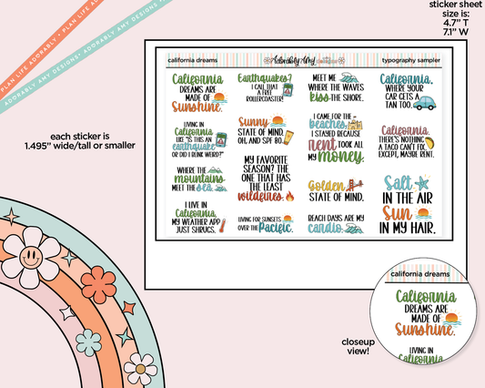 California Dreams are Made of Sunshine Deco Typography Sampler Planner Stickers
