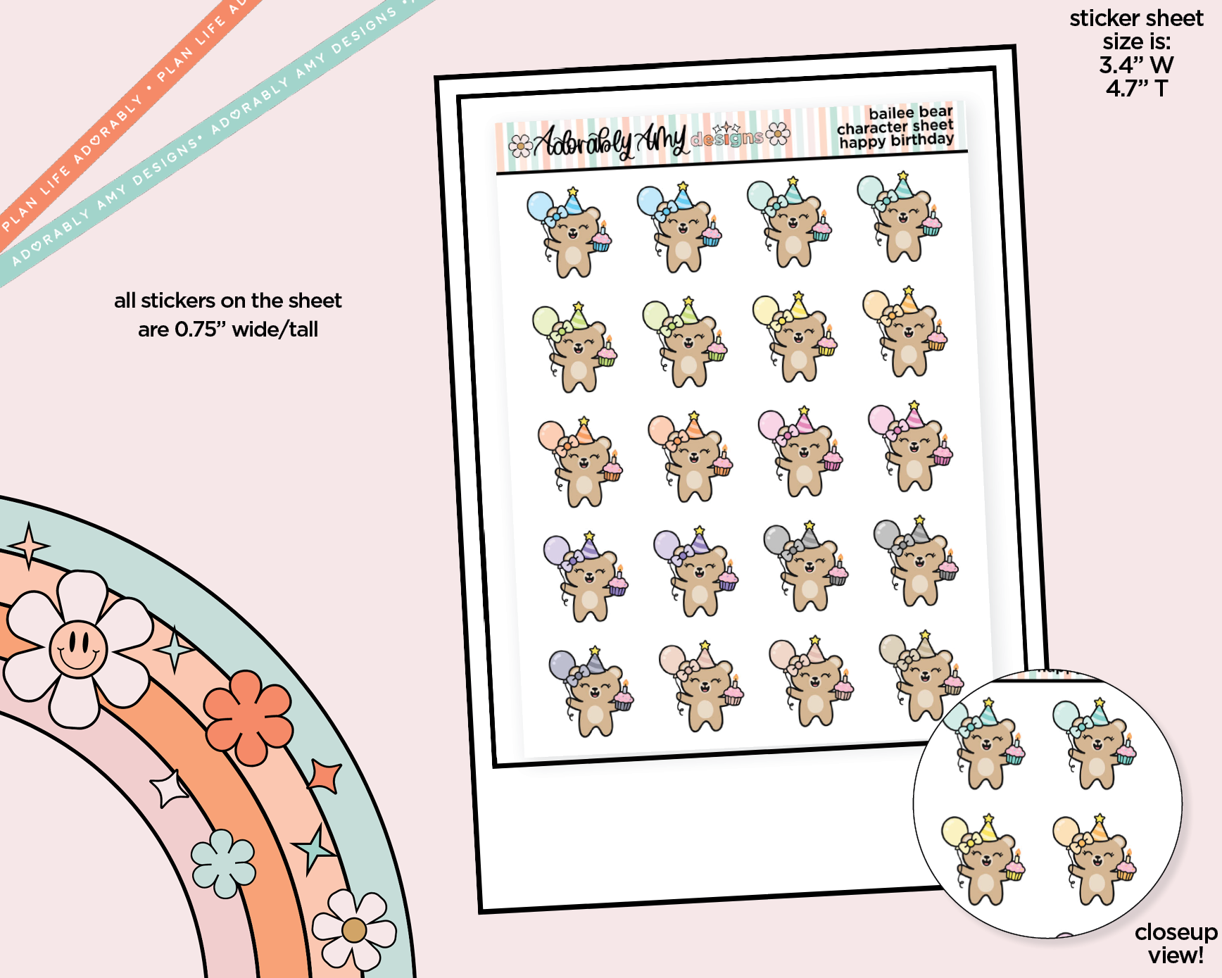 Bailee Bear Happy Birthday Decoration Character Planner Stickers ...