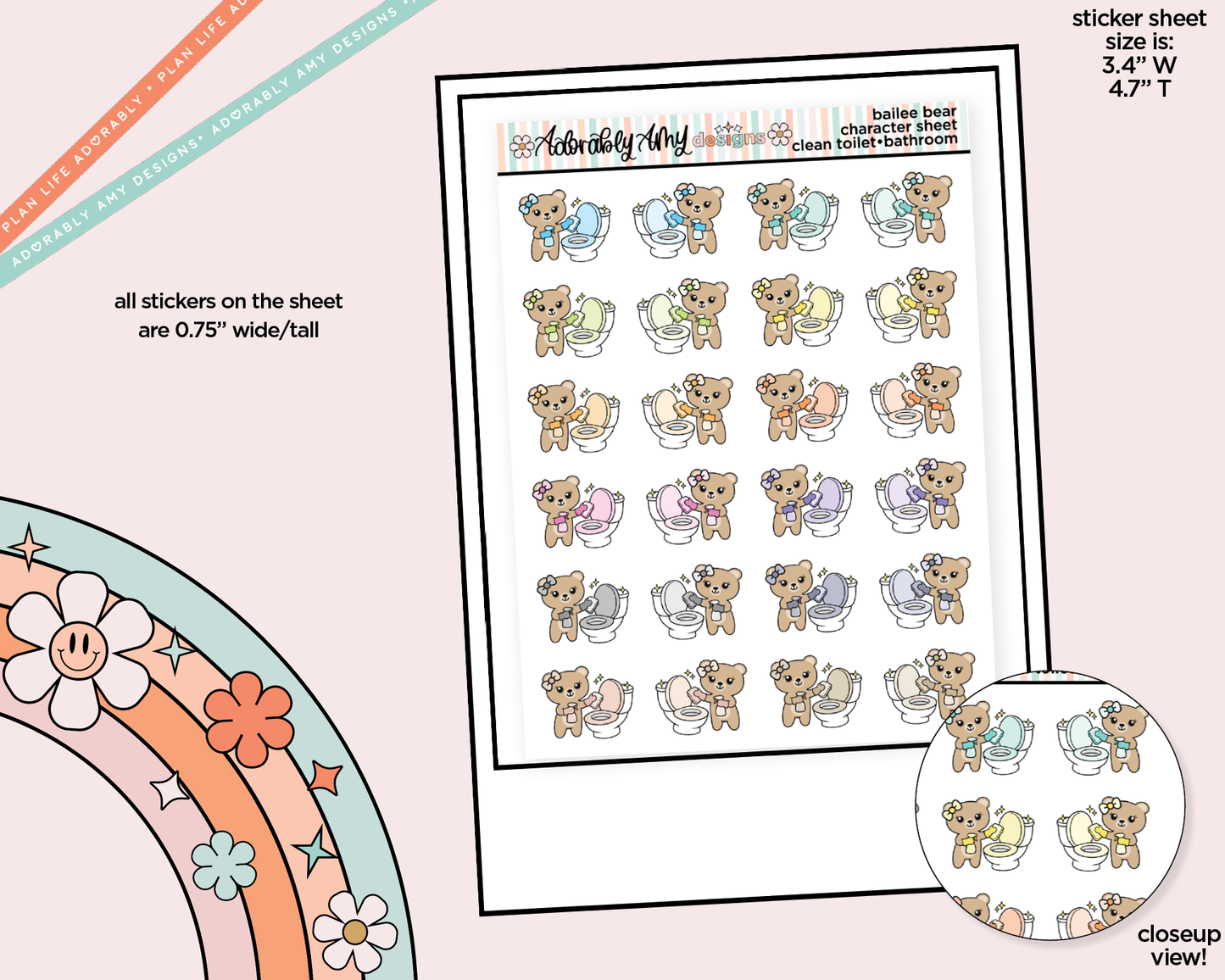 Bailee Bear Clean Toilets - Bathroom Decoration Character Planner Stickers - Adorably Amy Designs