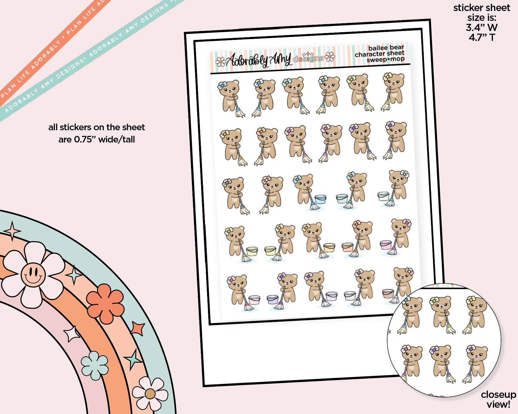 Bailee Bear Sweep & Mop Decoration Character Planner Stickers - Adorably Amy Designs