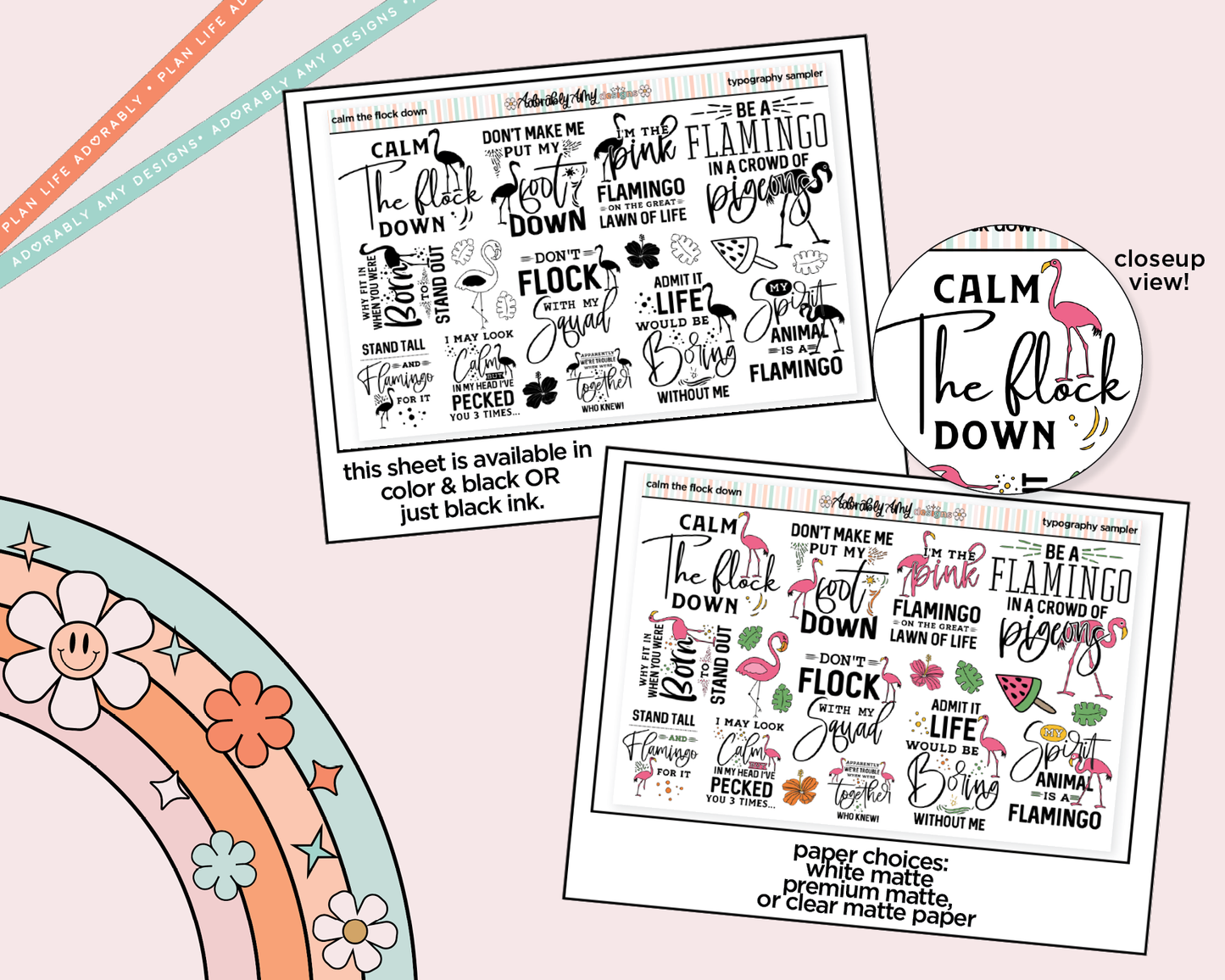 Calm the Flock Down Deco Typography Sampler Planner Stickers