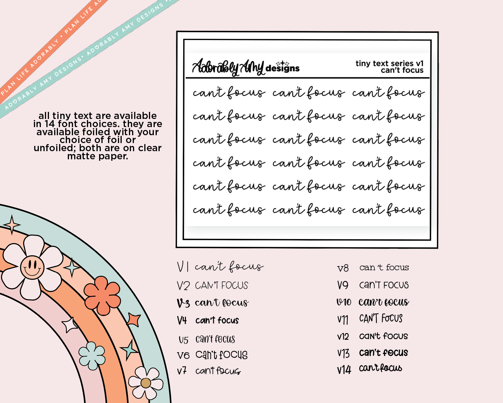 Foiled Tiny Text Series - Can't Focus Checklist Size Planner Sticker Sheet - Adorably Amy Designs