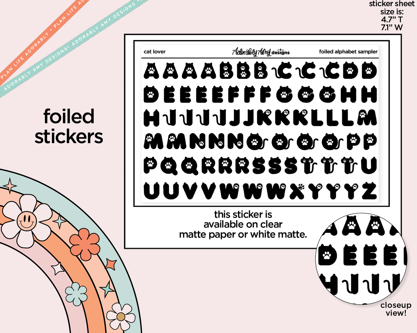 Foiled Cat Lover Alphabet Stickers Deco Typography Sampler Planner Stickers