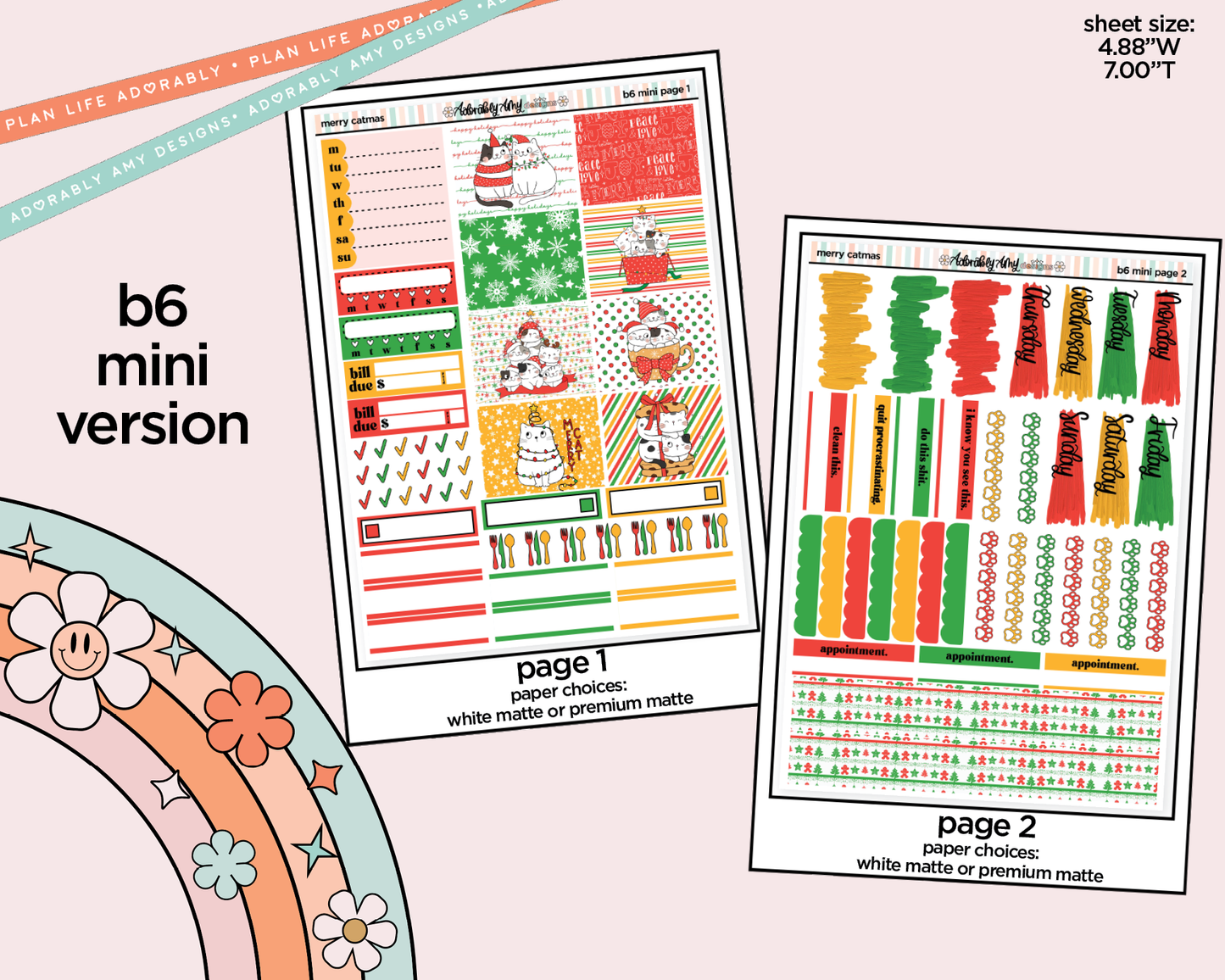 Mini B6 Merry Catmas Planner Sticker Kit sized for ANY Vertical Insert