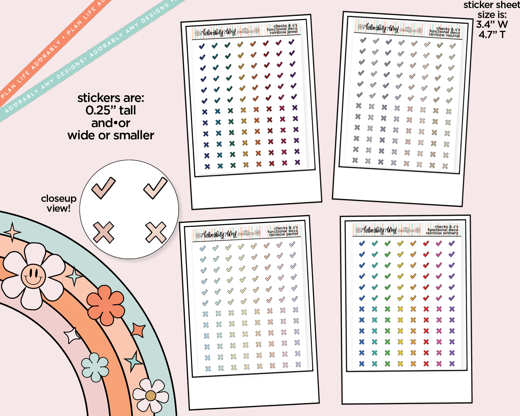 Rainbow Checks and X's Doodled Icon Stickers - Adorably Amy Designs