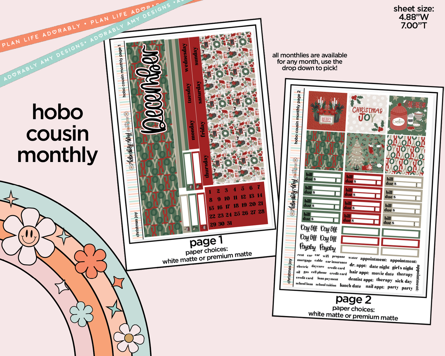 Hobonichi Cousin Monthly Pick Your Month Christmas Joy Planner Sticker Kit for Hobo Cousin or Similar Planners