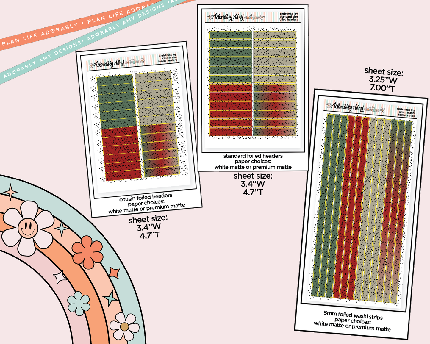 Foiled Christmas Joy Headers or Long Strips Planner Stickers for any Planner or Insert