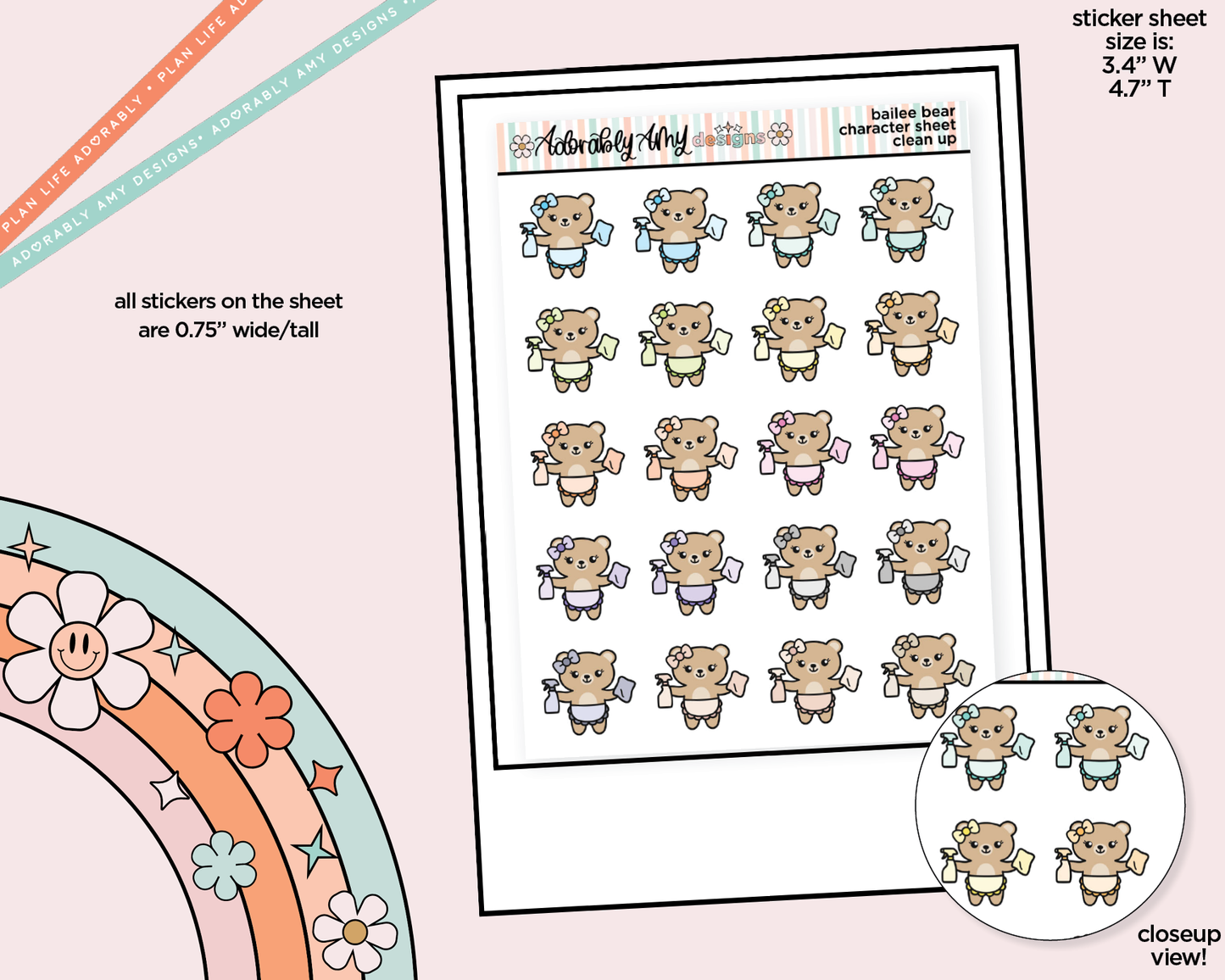 Bailee Bear Clean Up Decoration Character Planner Stickers - Adorably Amy Designs