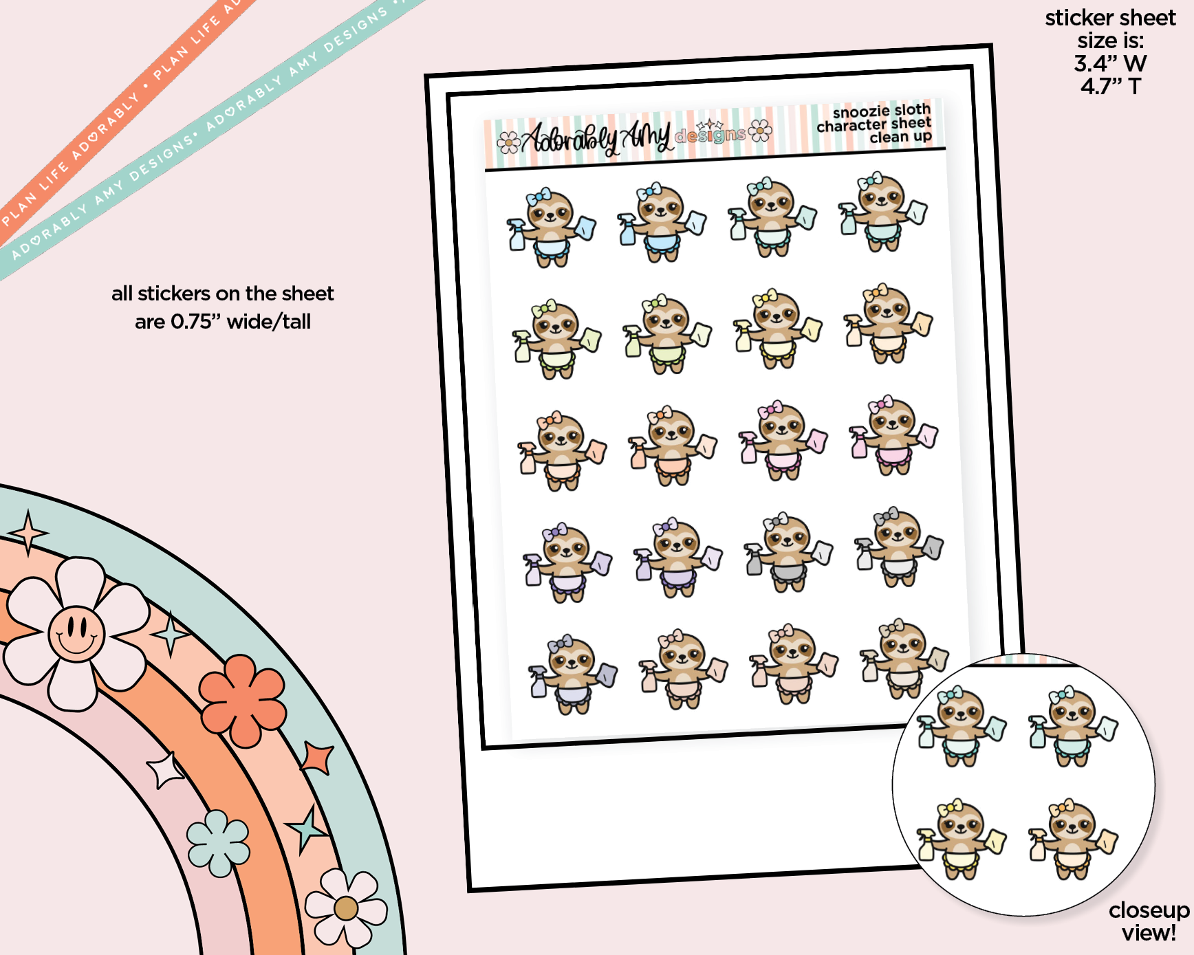 Snoozie Sloth Clean Up Decoration Character Planner Stickers - Adorably Amy Designs