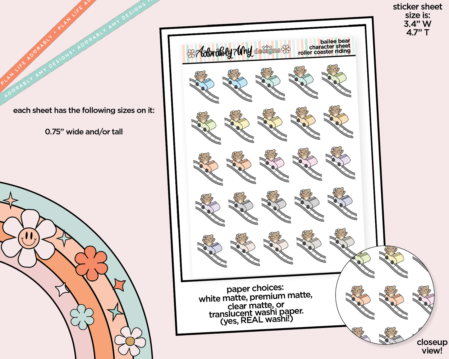 Bailee Bear Roller Coaster Riding Decoration Character Planner Stickers - Adorably Amy Designs