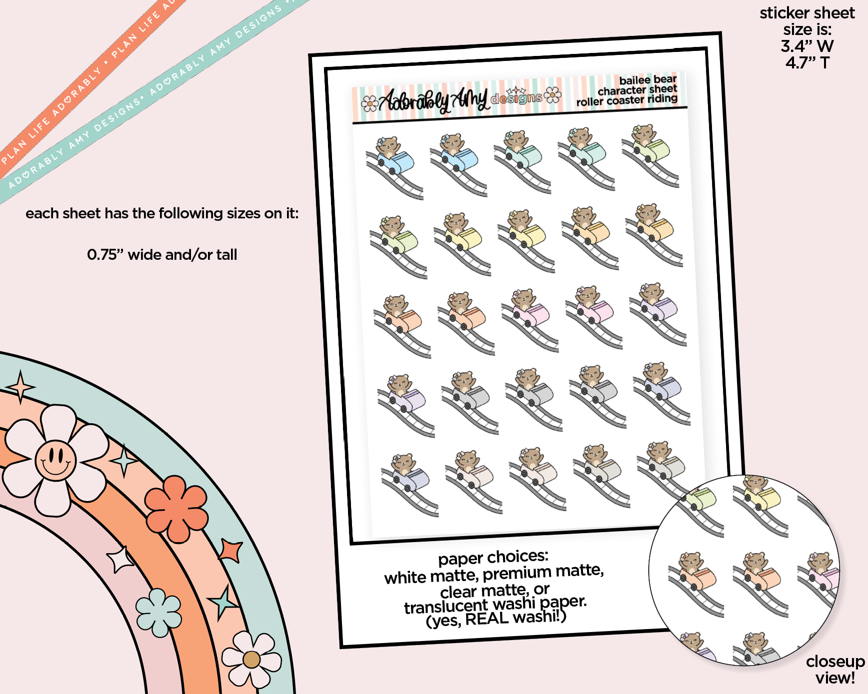 Bailee Bear Roller Coaster Riding Decoration Character Planner Stickers - Adorably Amy Designs