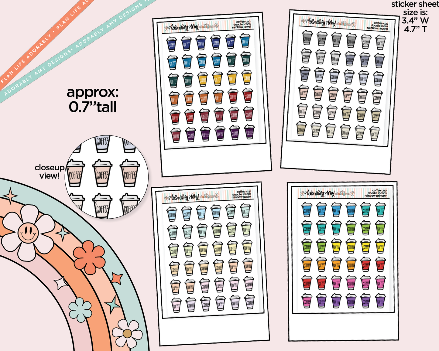 Rainbow Coffee Cups Doodled Stickers for any Planner or Insert