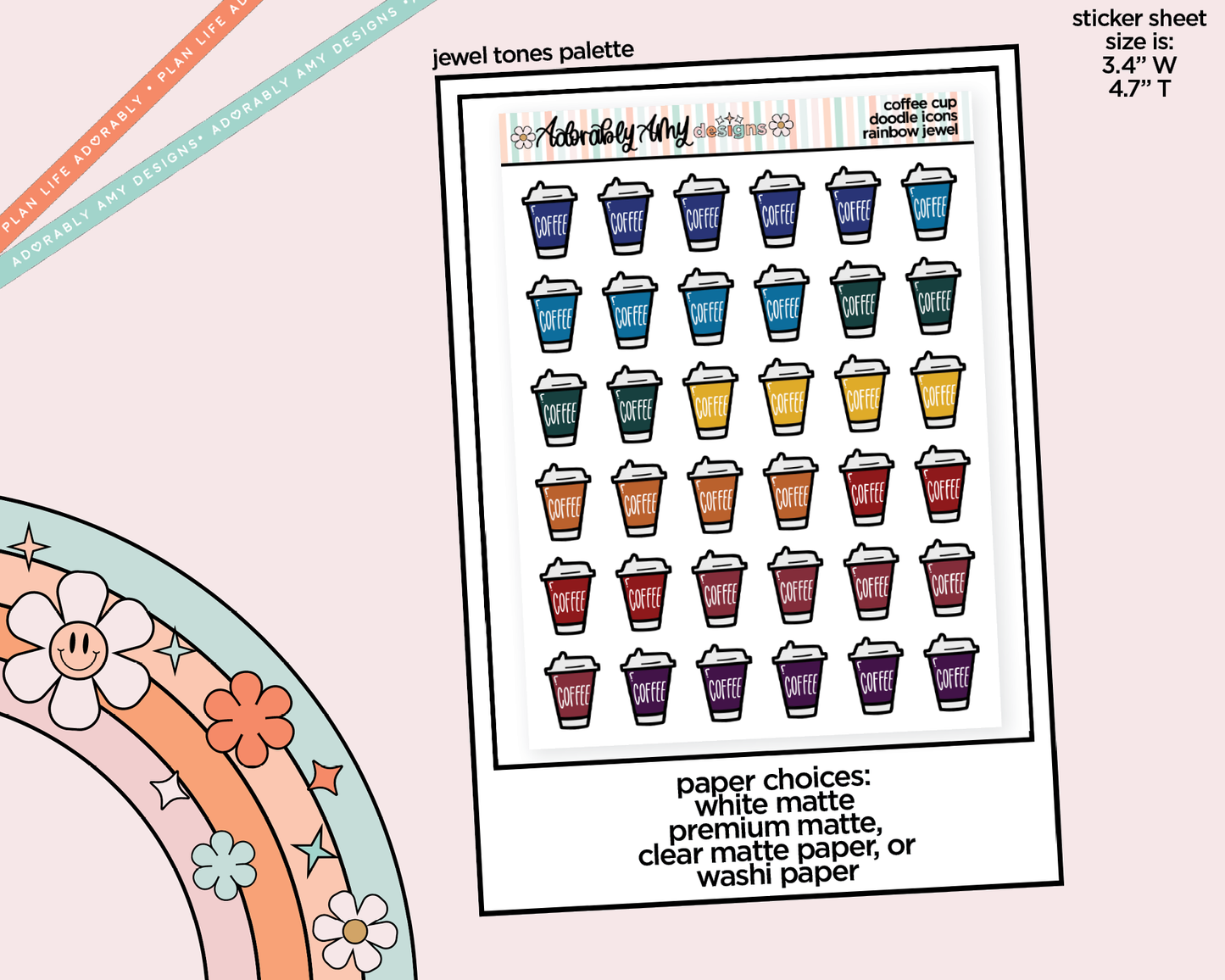 Rainbow Coffee Cups Doodled Stickers for any Planner or Insert