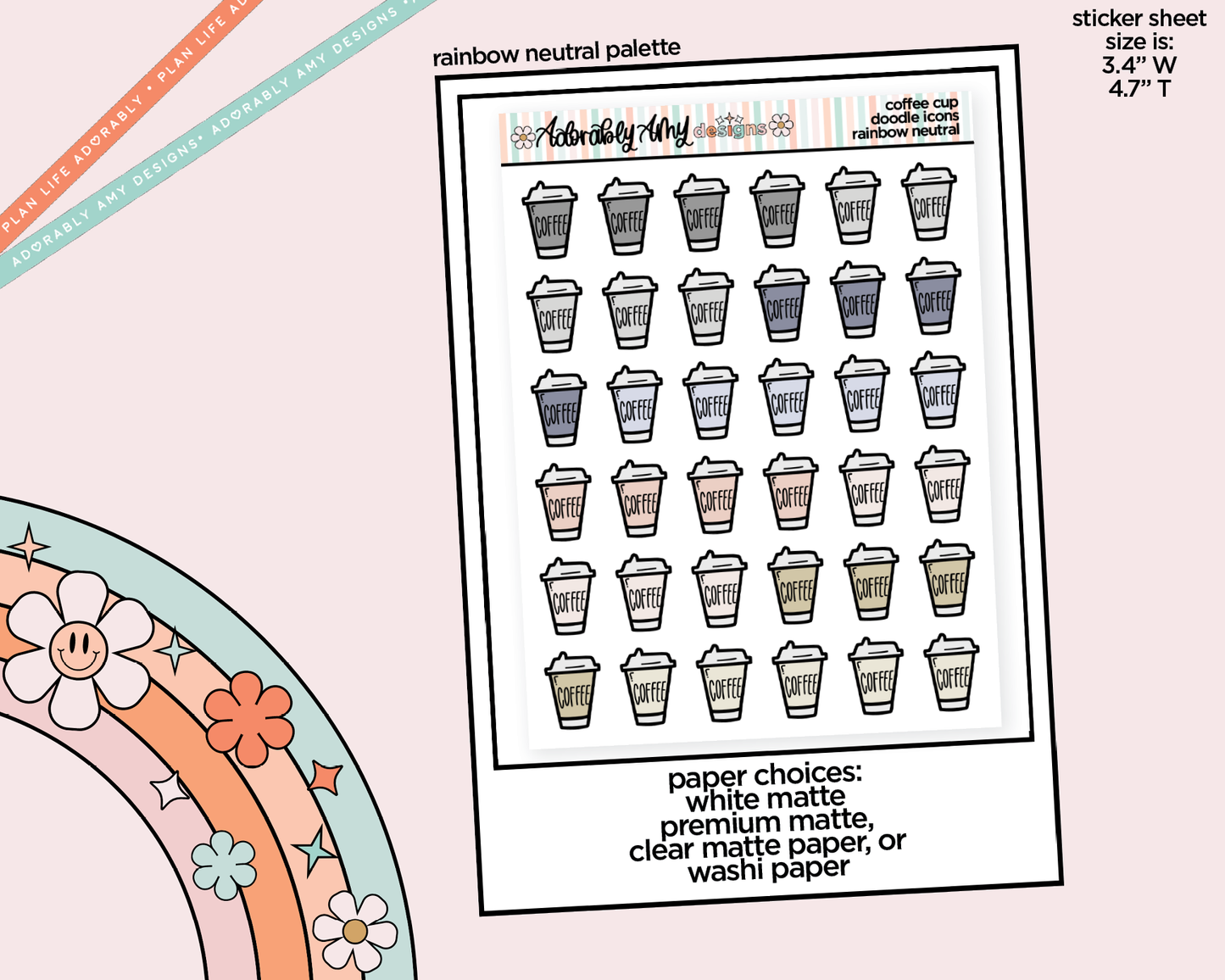 Rainbow Coffee Cups Doodled Stickers for any Planner or Insert