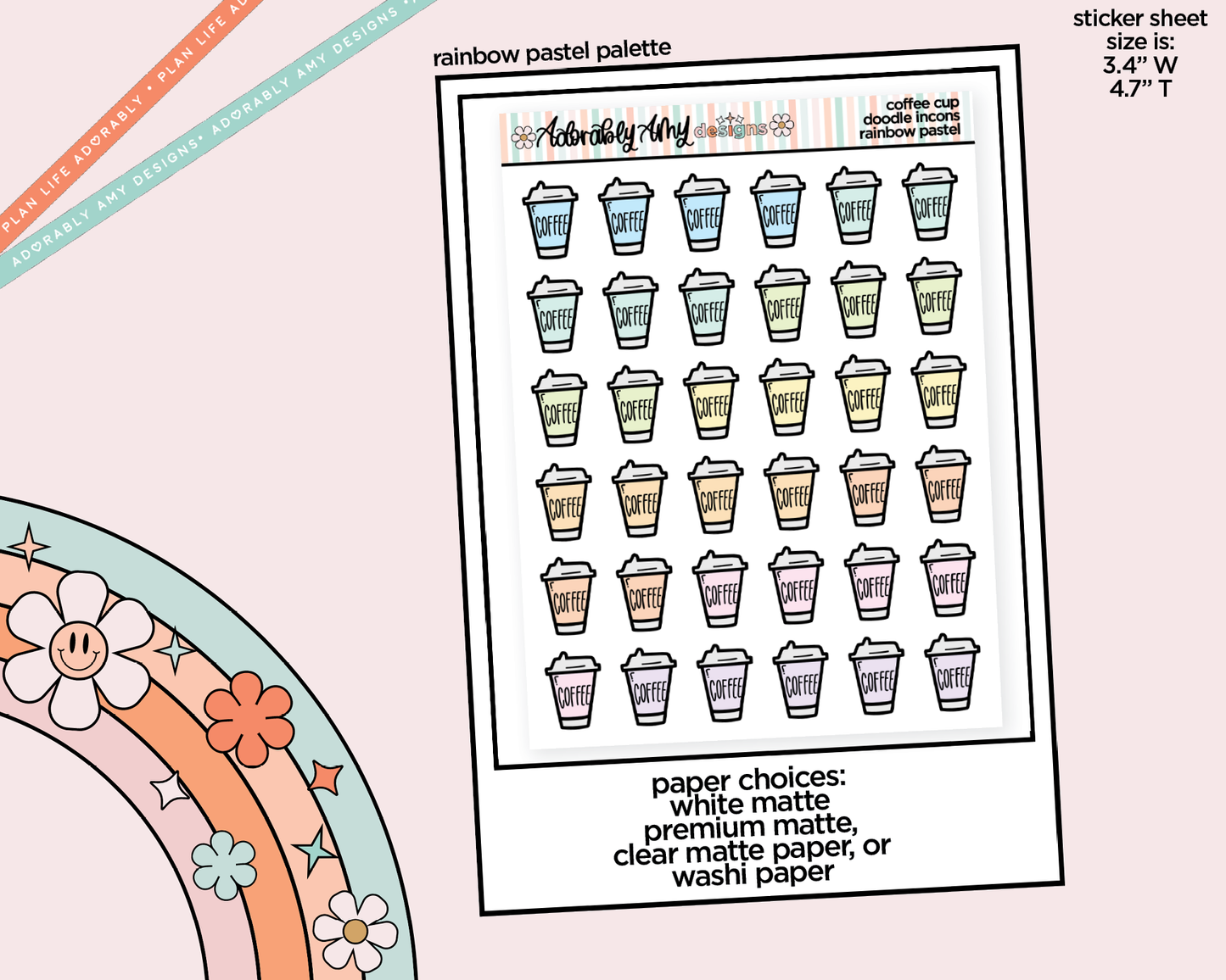 Rainbow Coffee Cups Doodled Stickers for any Planner or Insert