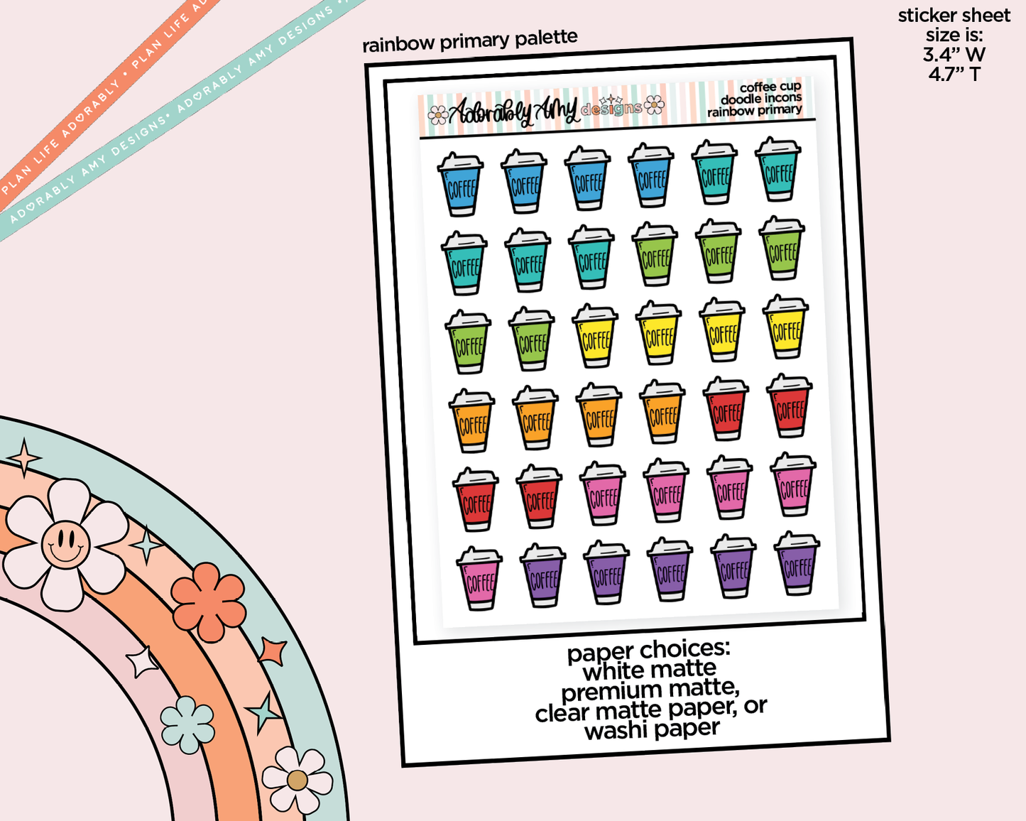 Rainbow Coffee Cups Doodled Stickers for any Planner or Insert