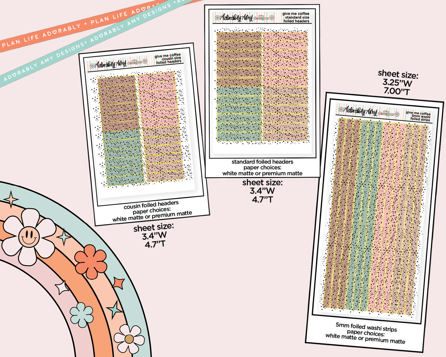 Foiled Give Me Coffee Headers or Long Strips Planner Stickers for any Planner or Insert