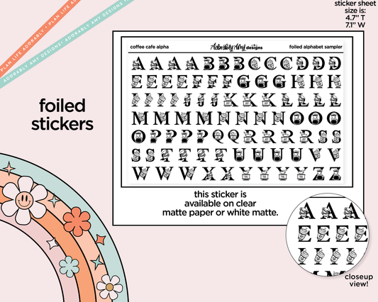 Foiled Coffee Cafe Alphabet Stickers Deco Typography Sampler Planner Stickers - Adorably Amy Designs