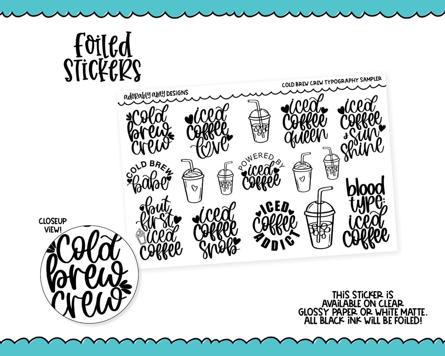 Foiled Cold Brew Crew Doodled Typography Sampler Planner Stickers for any Planner or Insert