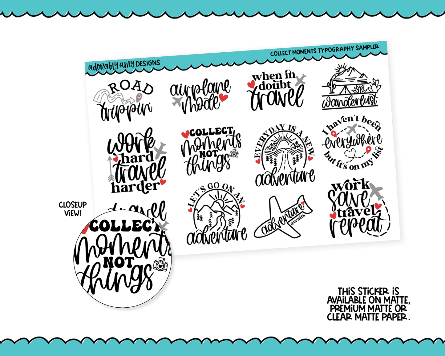 Collect Moments Travel Themed Doodled Typography Sampler Planner Stickers for any Planner or Insert