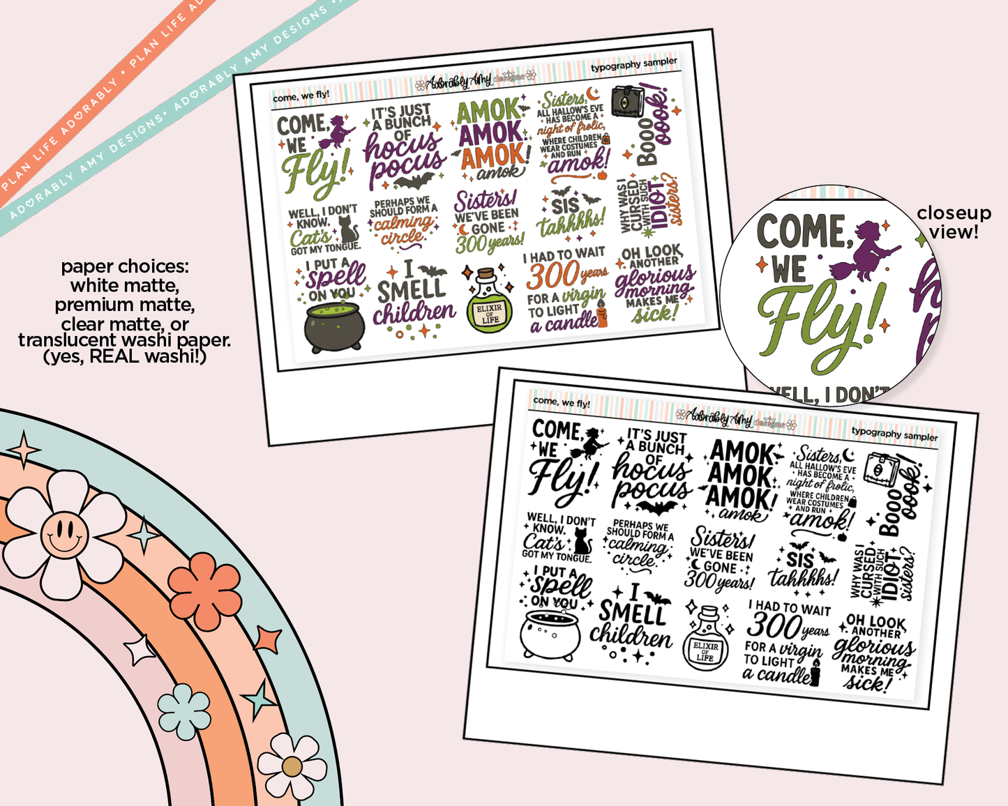 Come, We Fly! Sanderson Sisters Deco Typography Sampler Planner Stickers