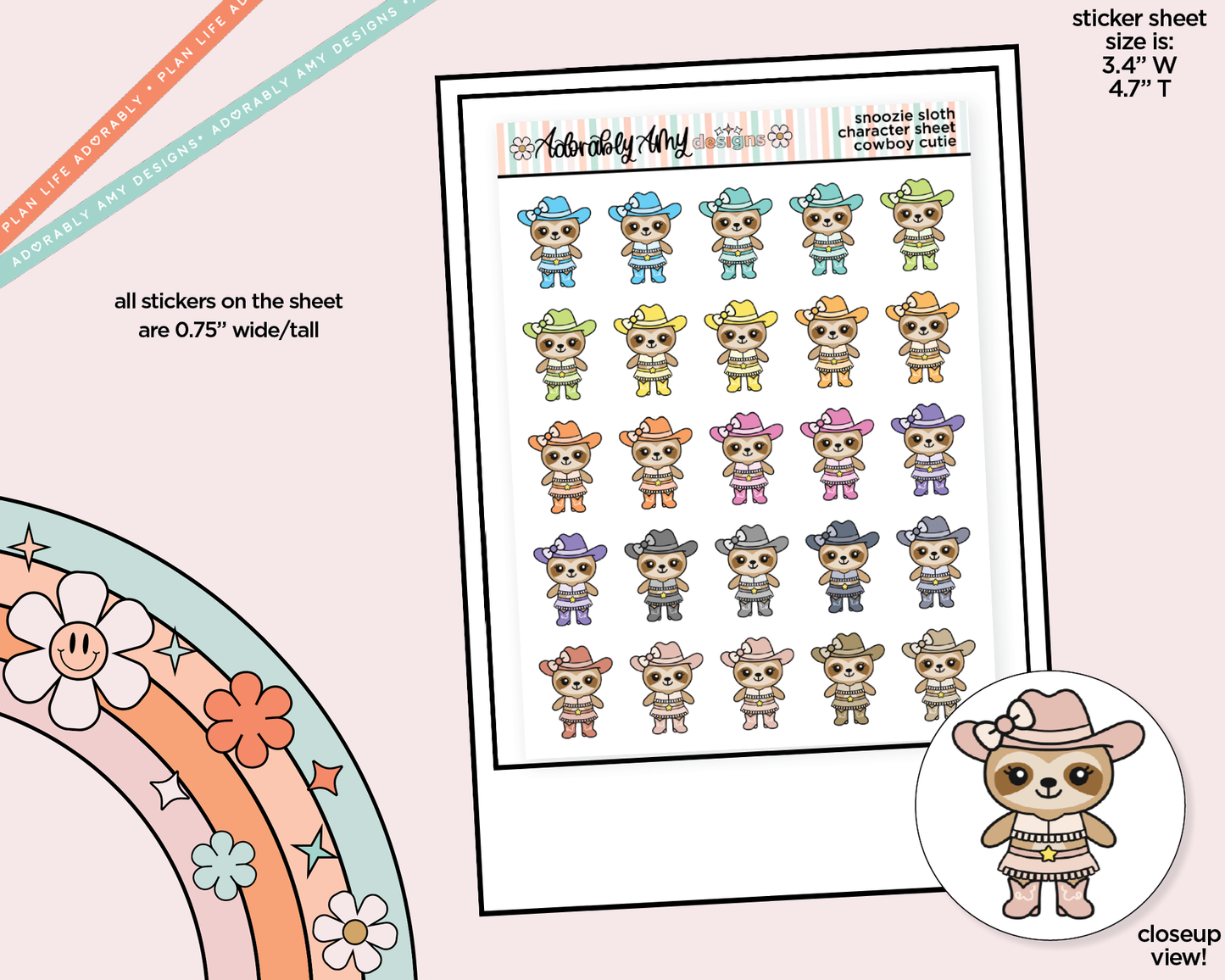 Snoozie Sloth Cowboy Cutie Decoration Character Planner Stickers - Adorably Amy Designs