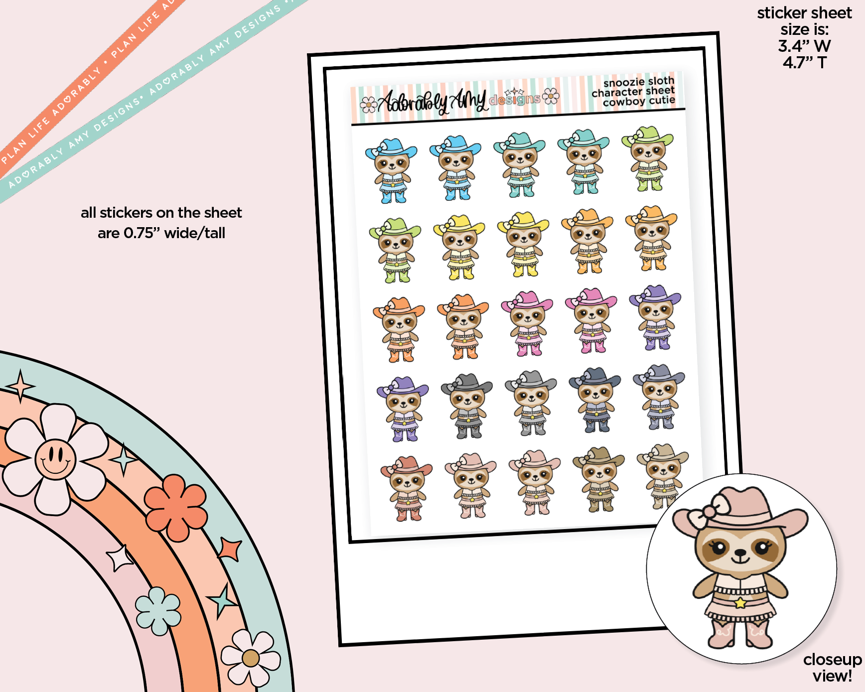Snoozie Sloth Cowboy Cutie Decoration Character Planner Stickers - Adorably Amy Designs