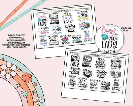 Crazy Book Lady Typography Sampler Planner Stickers