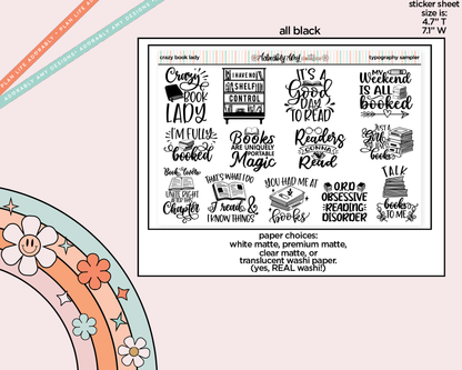 Crazy Book Lady Typography Sampler Planner Stickers