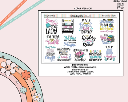 Crazy Book Lady Typography Sampler Planner Stickers