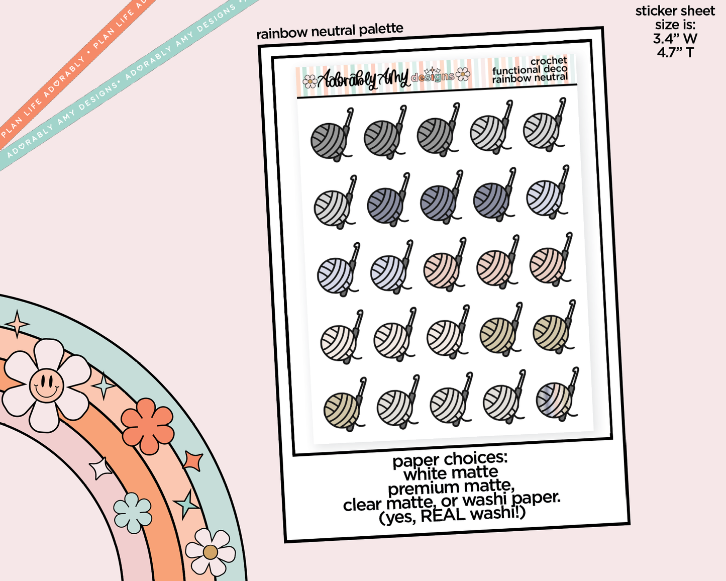 Rainbow Crochet Hook and Yarn Ball Doodled Icon Stickers
