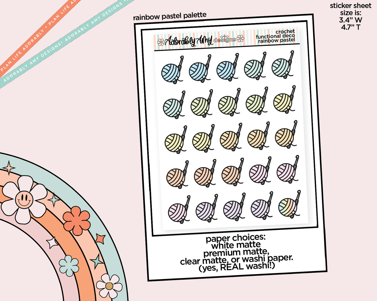 Rainbow Crochet Hook and Yarn Ball Doodled Icon Stickers