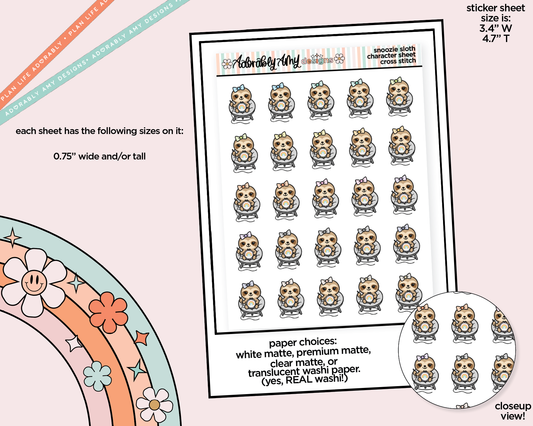 Snoozie Sloth Cross Stitch Decoration Character Planner Stickers
