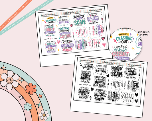 Currently Crashing Out Deco Typography Sampler Planner Stickers - Adorably Amy Designs