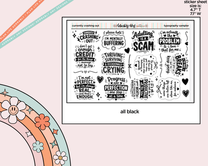 Currently Crashing Out Deco Typography Sampler Planner Stickers