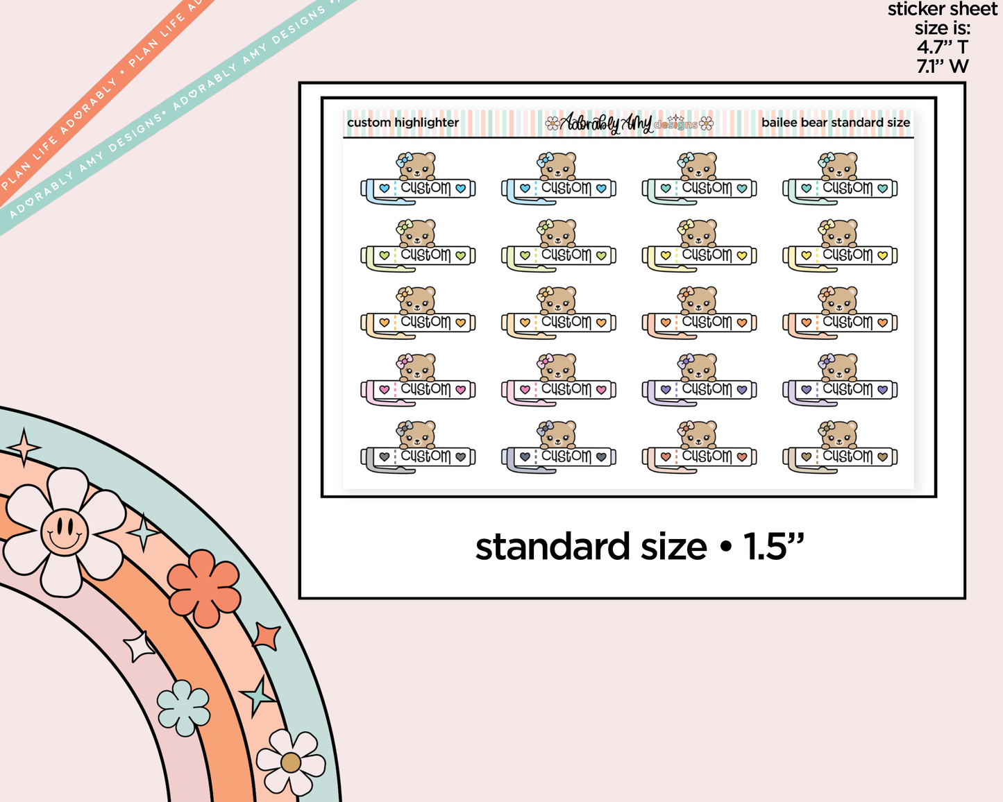 Bailee Bear Custom Text Highlighters Decoration Character Planner Stickers - 3 Sizes Available