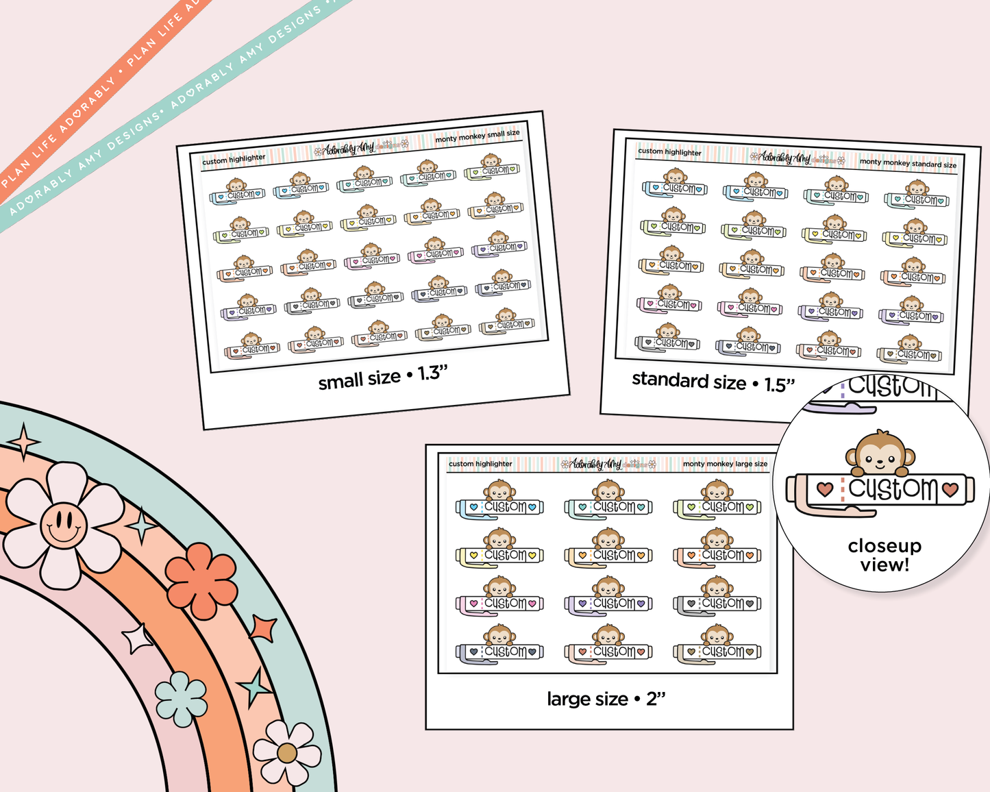 Monty the Monkey Custom Text Highlighters Decoration Character Planner Stickers - 3 Sizes Available