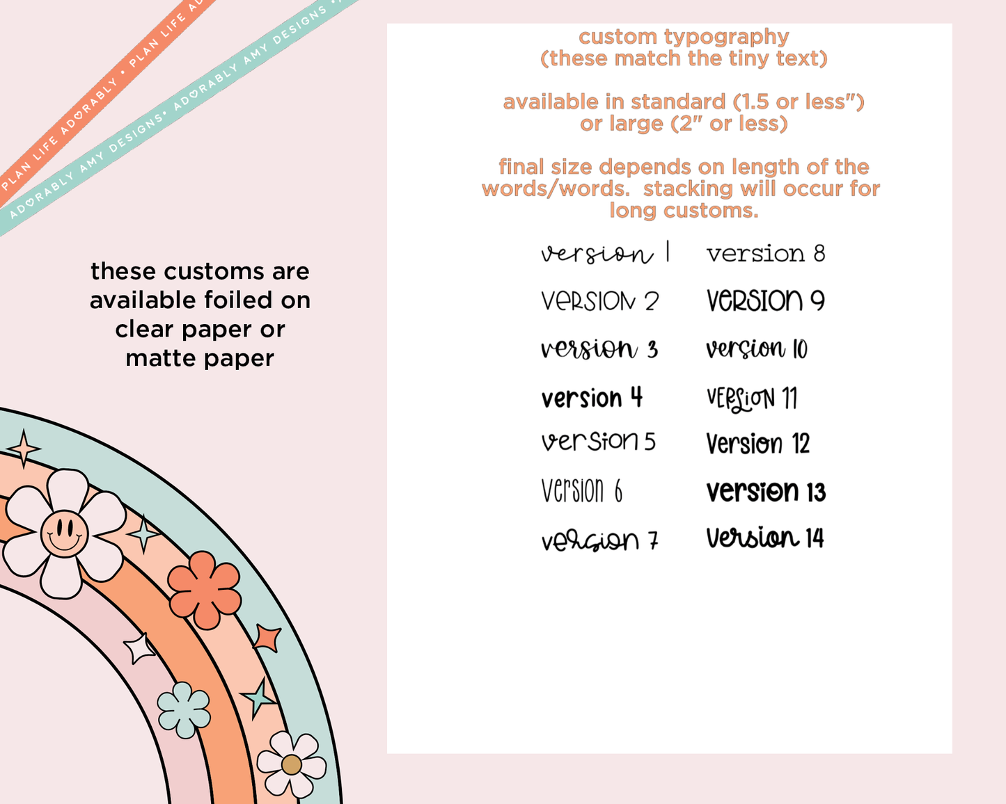 Custom Typography with Tiny Text Fonts Ink OR Foil (coordinates with our Tiny Text stickers) Sticker Sheet Planner Stickers