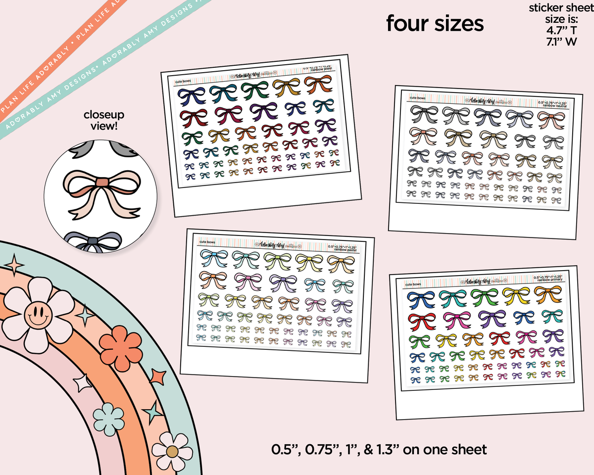 Rainbow Doodled Bows Deco 4 Sizes on One Sheet Stickers for any Planner or Insert - Adorably Amy Designs