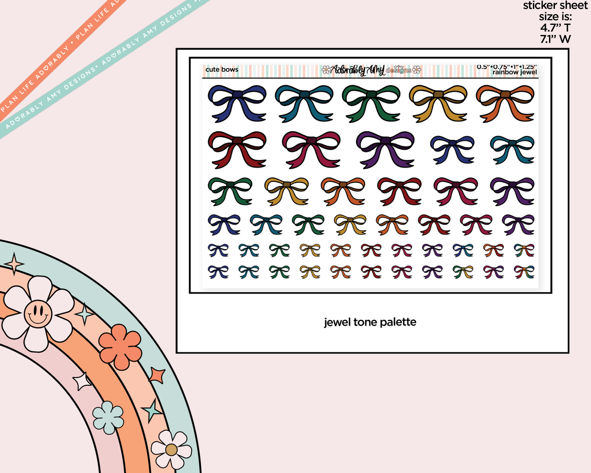 Rainbow Doodled Bows Deco 4 Sizes on One Sheet Stickers for any Planner or Insert - Adorably Amy Designs