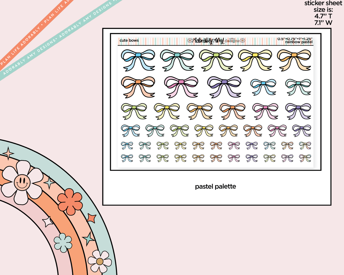 Rainbow Doodled Bows Deco 4 Sizes on One Sheet Stickers for any Planner or Insert - Adorably Amy Designs