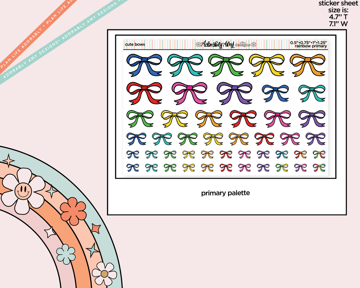 Rainbow Doodled Bows Deco 4 Sizes on One Sheet Stickers for any Planner or Insert - Adorably Amy Designs