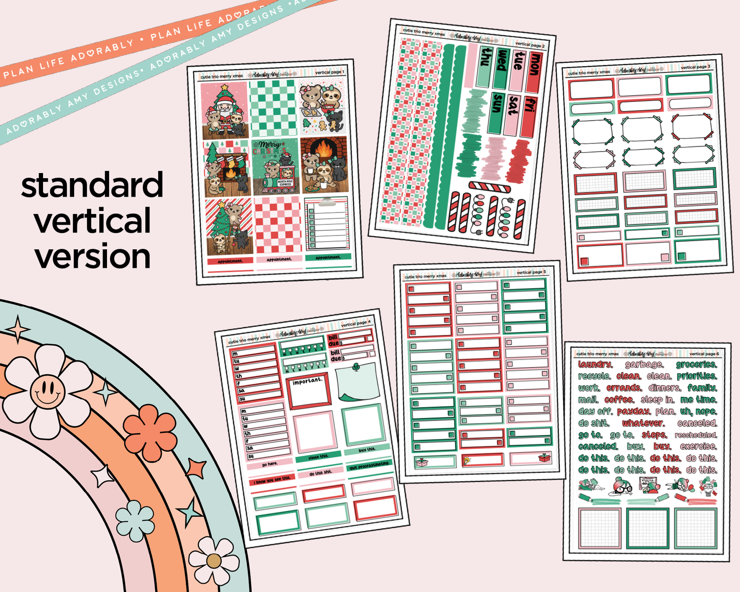 Vertical The Cutie Trio Merry Christmas Weekly Sticker Kit for Vertical Standard Size Planners or Insert
