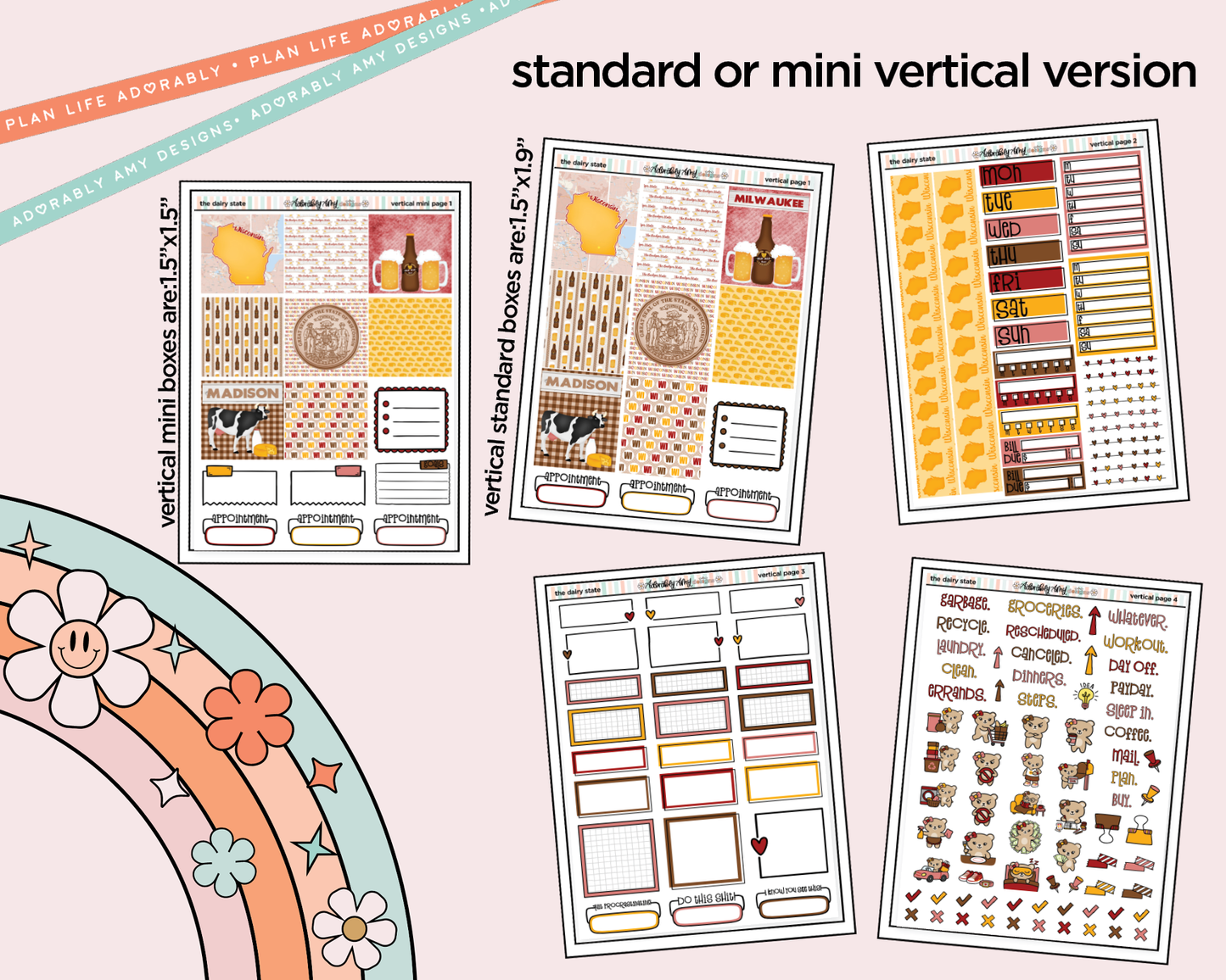Vertical States Collection - The Dairy State Wisconsin Sticker Kit for Vertical Standard Size Planners or Insert - Adorably Amy Designs