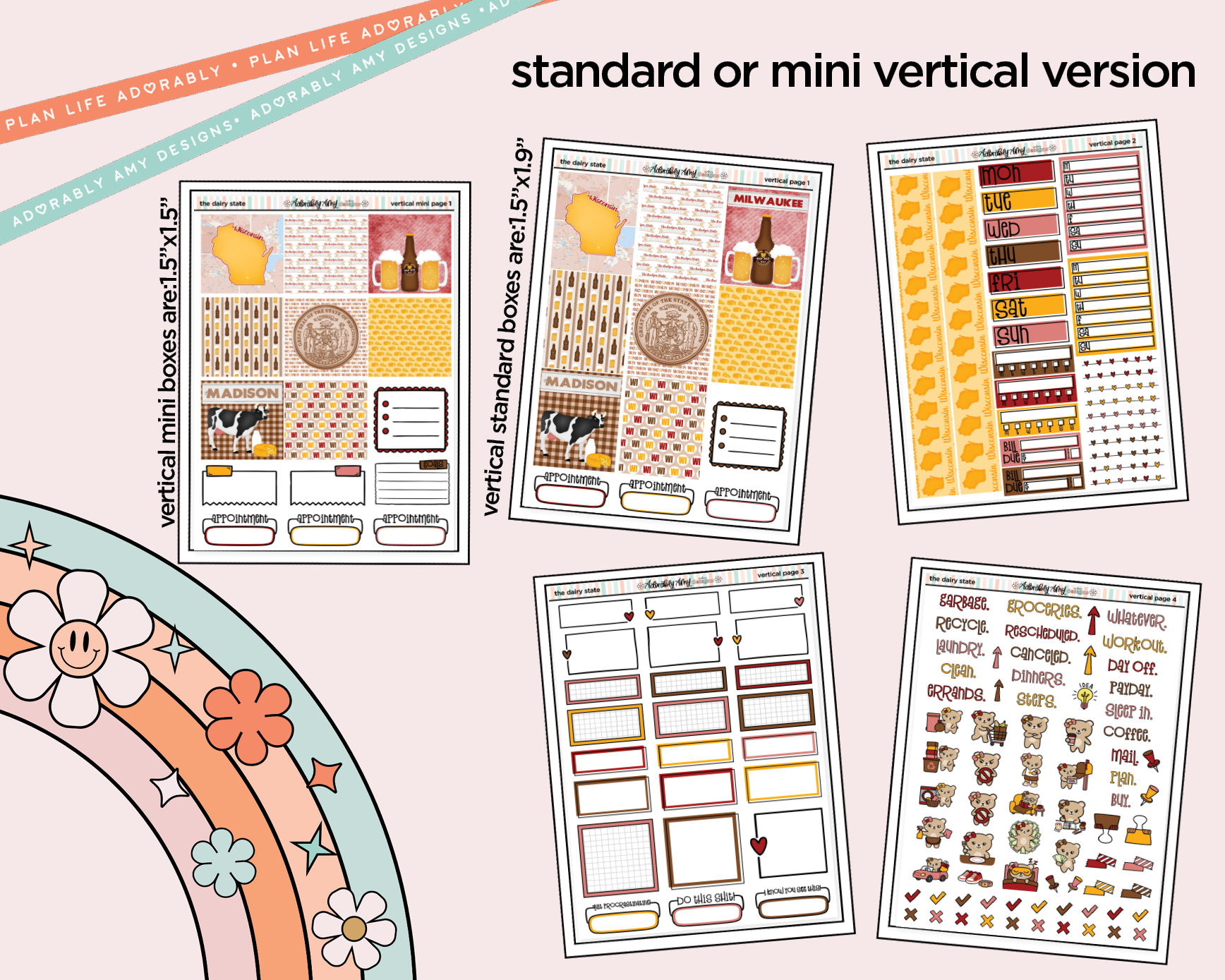 Vertical States Collection - The Dairy State Wisconsin Sticker Kit for Vertical Standard Size Planners or Insert - Adorably Amy Designs