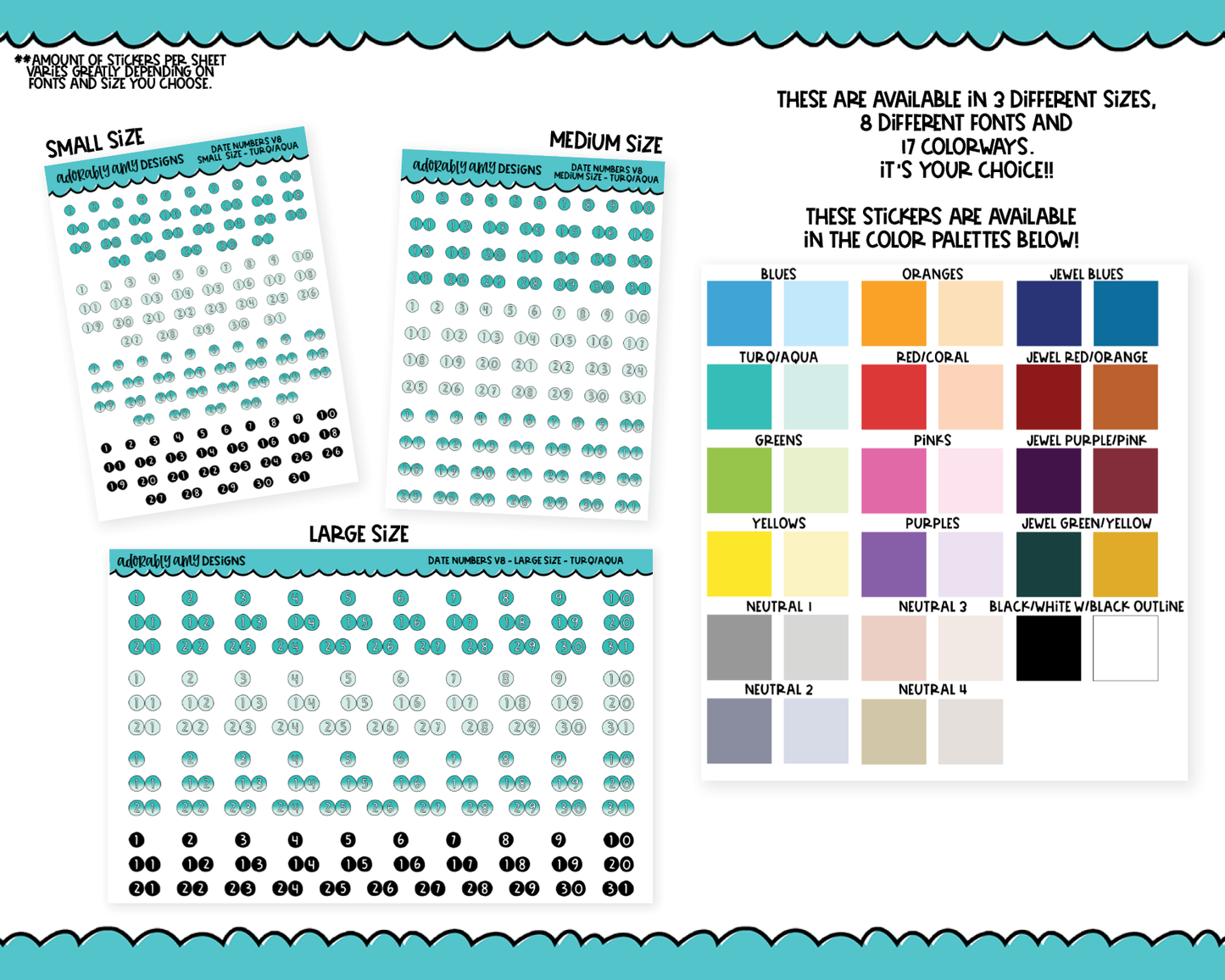Rainbow or Black Kisscut Date Number Stickers - 8 Fonts - Planner Stickers for any Planner or Insert