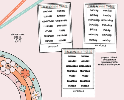 Days of the Week 2025 Planner Stickers for any Planner or Insert