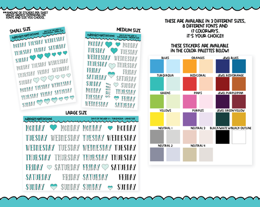 Rainbow or Black Days of the Week - 8 Fonts -  Planner Stickers for any Planner or Insert